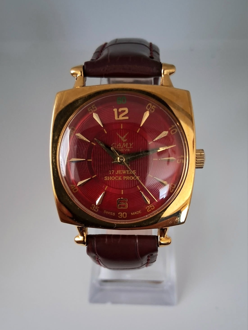 Vintage Camy Men's Leather Mechanical Gold & Red Watch RARE